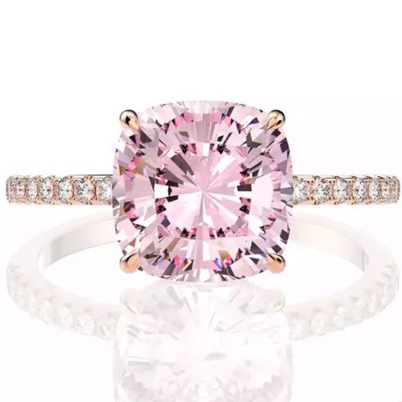 Diamond Under Halo Ring with 5 Carat Cushion Cut‎ Morganite Engagement Ring - Picture 7 of 17